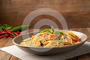 Stir fried spicy spaghetti with shrimp and basil,Pad Kra Pao kung