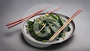 Stir-Fried Spinach with Garlic with chopsticks