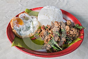 Stir fried Thai basil with minced pork and a fried egg in tray