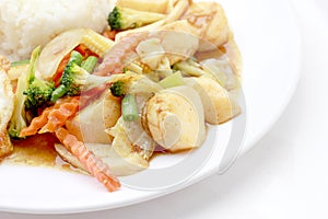 Stir Fried Tofu in Chinese Style,Deep Fried Tofu with Gravy Sauce ,Stir fried tofu with mixed vegetables in white plate on white
