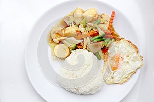 Stir Fried Tofu in Chinese Style,Deep Fried Tofu with Gravy Sauce ,Stir fried tofu with mixed vegetables in white plate on white