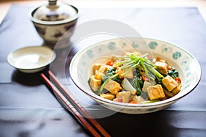 stir-fried tofu with sliced scallions and sesame oil