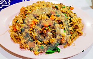 Stir fried vermicelli noodles with minced pork and vegetable