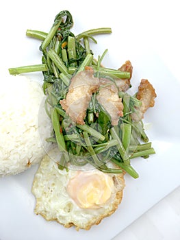 Stir Fried Water Spinach with chili and soy sauce and crispy pork on white dish isolated on white background, Thai Food.
