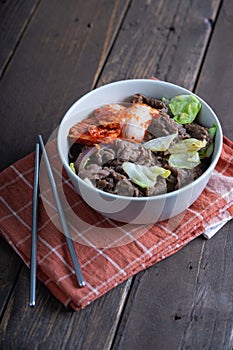 Stir fry beef gyudon with kimchi