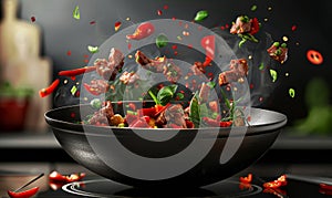 Stir fry meat and vegetables cooking in wok, flying ingredients. Chinese recipes. Wok preparation ingredients