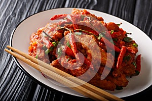 Stir fry Schezwan chicken spicy sauce close-up on a plate. horizontal photo