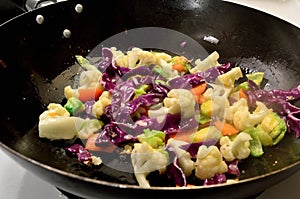 Stir Fry Vegetables in Wok â€“ ingredients Brussels Sprouts Carrots Cauliflower Red Cabbage