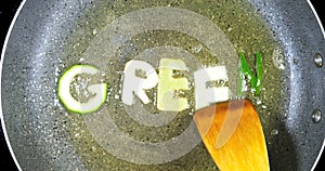 Stir-frying mixed alphabet letters, word Green