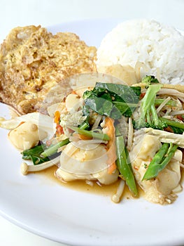 Stir vegetables with Tofu in chinese style with gravy Sauce and thai style omelet with rice in white plate on background. Vegetari