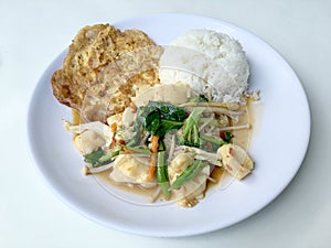 Stir vegetables with Tofu in chinese style with gravy Sauce and thai style omelet with rice in white plate on background. Vegetari