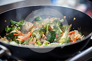 stirfry veggies sizzling on a food truck wok