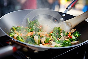 stirfry veggies sizzling on a food truck wok