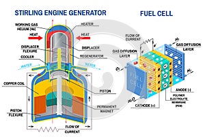 Stirling Engine Generator and Fuel cell diagram. Vector. Device that receives energy from thermodynamic cycles and photo