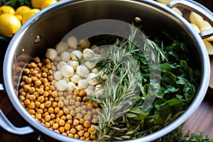 stirring a bowl full of chickpeas, garlic, and herbs before roasting
