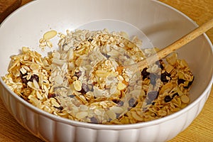 Stirring ingredient preparing oatmeal bar