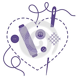 Stitched heart, needle, thread, buttons. Sewing