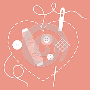 Stitched heart, needle, thread, buttons. Sewing