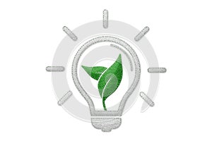 Stitched Light Bulb Icon - Concept Of Natural Energy Sources - Realistic Green And White Felt 3D Illustration - Isolatet On White