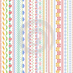 Stitched seamless borders. Embroidery stripes, geometric and floral stitches. Sew fabric lines, decorative thread