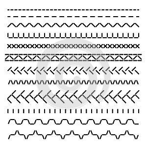 Stitched seamless borders, sewing machine seams for fabric structure vector set isolated