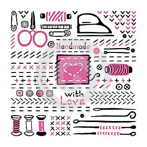 Stitches, buttons and sewing tools set. Black and white logo. Hand drawn icons collection. Vector illustration