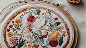 Stitching Culinary Magic Celebrating National Peach Pie Day with an Embroidered Food Proce.AI Generated