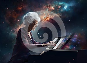 Stlish elderly lady playing the grand piano in cosmic background. Amazing digital illustration. CG Artwork Background