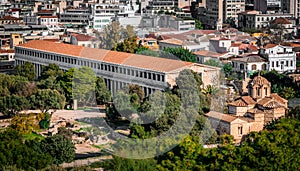 Î¤he Stoa of Attalos and the Church of the Holy Apostles in Ancient Agora in Athens.