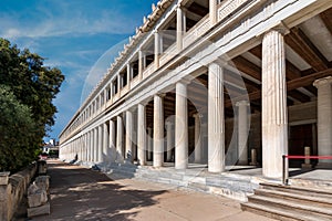 Stoa of Attalus Attalos external, angled view. Archaeological site of Ancient Agora of Athens