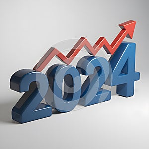 Stock 3D image with blue numbers 2024 and red zigzag line, symbolizing growth trend