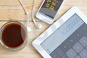 Stock calculator and coffee concept