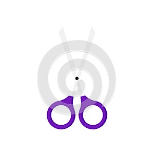 Illustration of a pair of scissors with purple handles and open silver blades