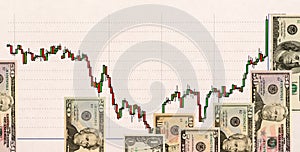 Stock chart and US money as background. view from above