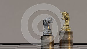 Stock concept bear and bull chess piece and gold coin stacks on white background.3D illustration