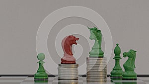 Stock concept bear and bull chess piece and gold coin stacks on white background.3D illustration