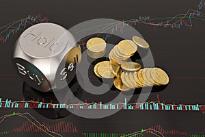 Stock concept dice and coins on stock chart.3D illustration.