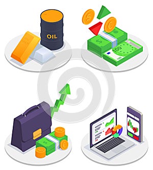 Stock Exchange Financial Market Trading Colored And Isometric Icon Set