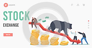 Stock Exchange Landing Page Template. Business Investor Characters Trying to Stop Bear Going Down with Drop Arrow Chart