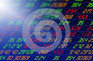 Stock exchange market business concept with selective focus effect. Display of Stock market quotes. Red numbers on the electronic
