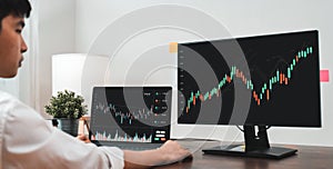 Stock exchange market concept, business people trader looking computer with graphs analysis candle line on table in office