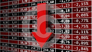 Stock exchange quotes background - stock market charts and market indicators on financial data view - red arrow for downward trend