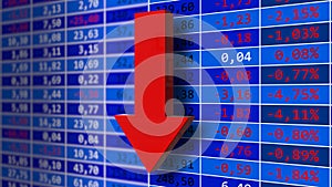Stock exchange quotes background - stock market charts and market indicators on financial data view - red arrow for downward trend