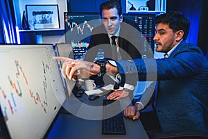 Stock exchange traders looking high profit chart in panorama view. Sellable.