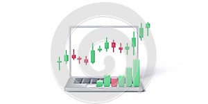 Stock exchange trading concept. Online trade on stock market. 3D render laptop, candlestick diagram and bar chart