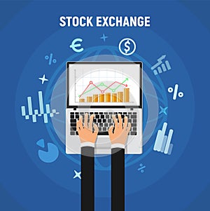 Stock exchange vector illustration concept. Laptop screen with abstract stock market rate and businessman hands isolated design