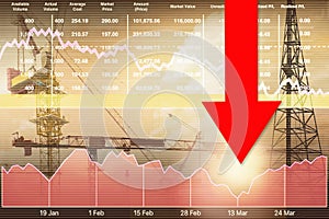 Stock financial image show graph and chart symbol with red arrow down on construction equipment imply economics down investment on