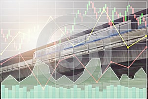 Stock financial index data with graph and chart show successful investment on transportation industry with sky train.