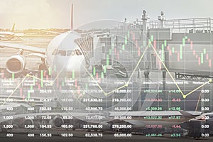 Stock financial index with graph, chart and candlesticks show growth investment on aviation industry and travel business with