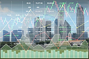 Stock financial index show successful investment on property business and construction industry urban buildings image with graph